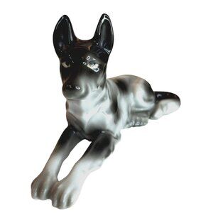 Vintage Porcelain German Shepherd Figurine Resting Black & White 8"